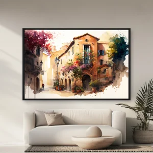 Binalar Ve Çiçeklerle Bir Sokak Sahnesinin Suluboya — Kanvas Tablo