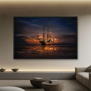 Gün Batımında Suda Oturan Bir Tekne — Kanvas Tablo