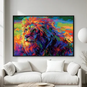 Gökyüzü Arka Planı Olan Bir Çim Alanında Aslan — Kanvas Tablo