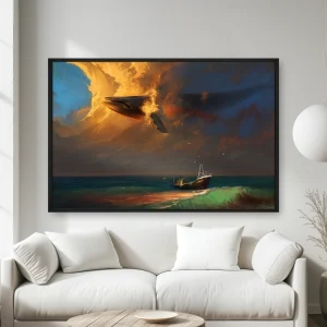 Okyanustaki Bir Teknenin Üzerinde Uçan Bir Balina — Kanvas Tablo