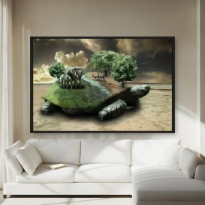 Üzerinde Bir Hayvan Sürüsü Olan Bir Kaplumbağa — Kanvas Tablo