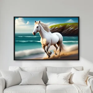Sahilde Suyun Yakınında Akan Beyaz Bir At — Kanvas Tablo
